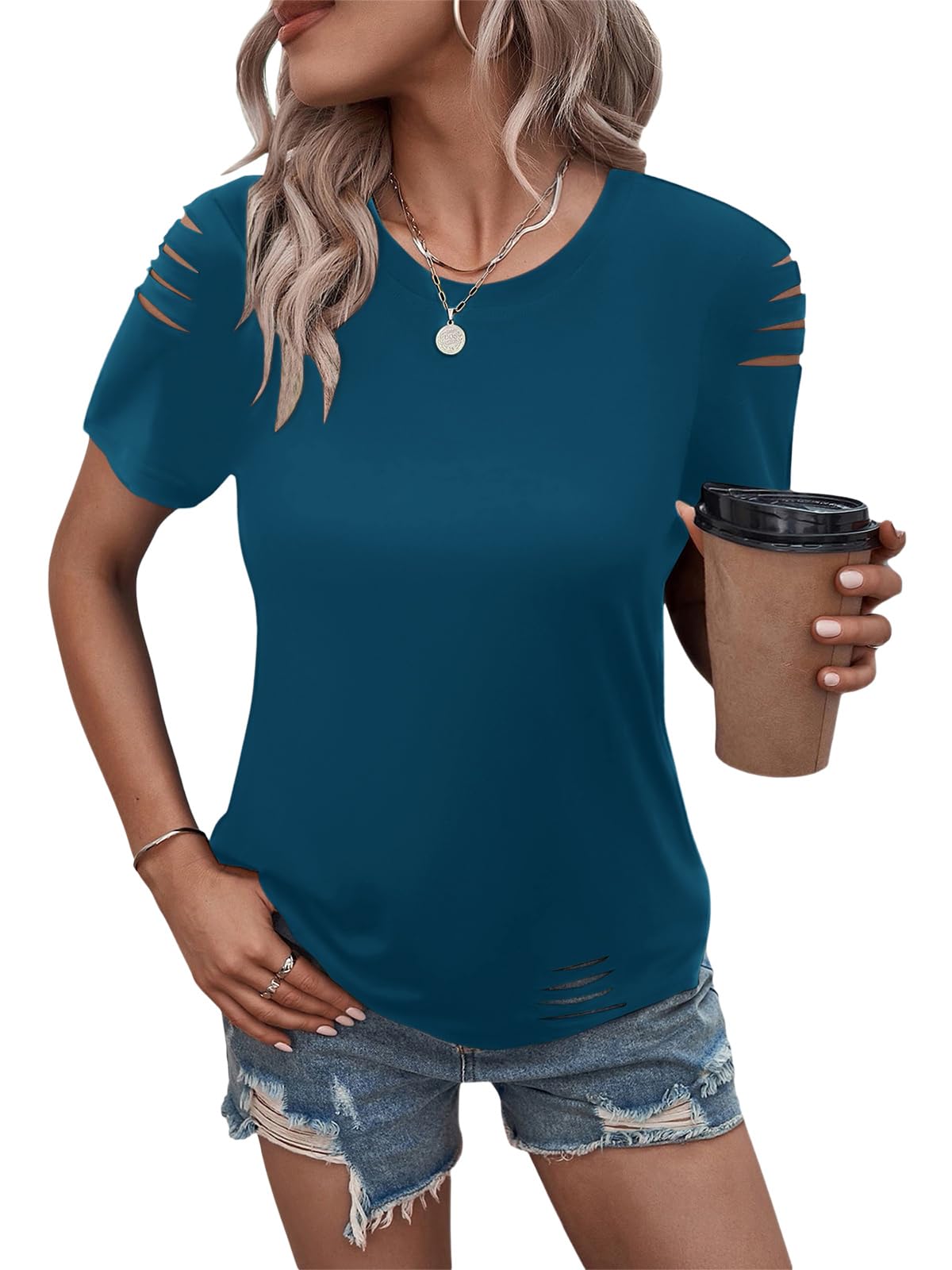 Women's Short Sleeve T Shirts Crew Neck Ripped Cut Out Summer Casual Basic Tees Tops