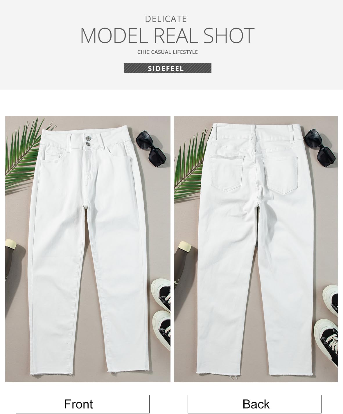 Women's High Waisted Jeans Strechy Raw Hem Straight Leg Denim Pants with Pockets