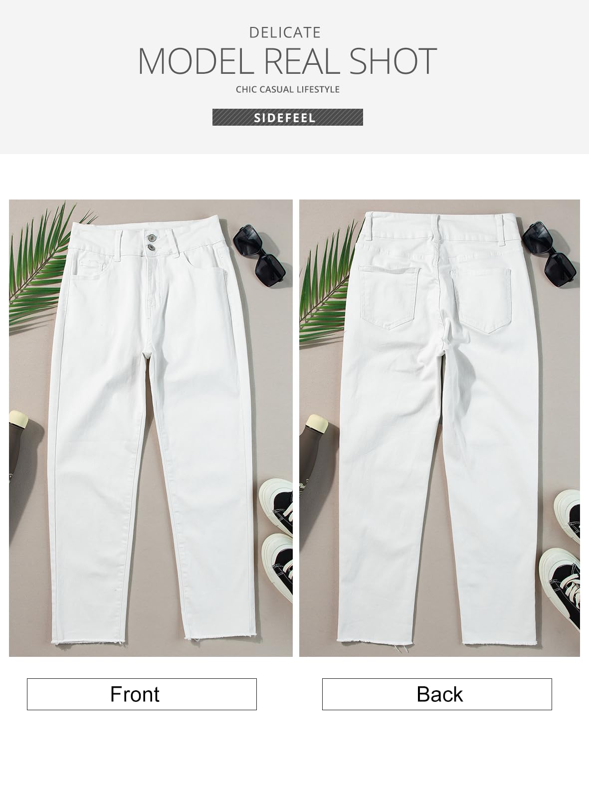 Women's High Waisted Jeans Strechy Raw Hem Straight Leg Denim Pants with Pockets