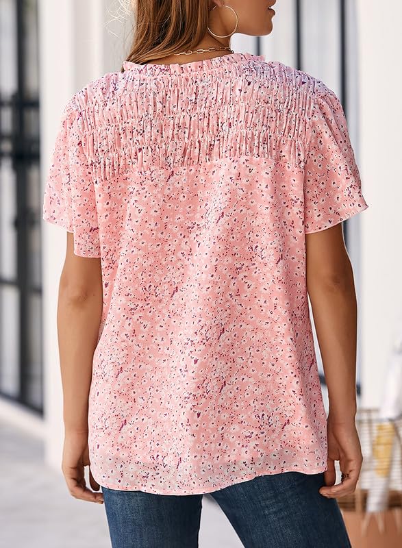 Women's Casual V Neck Floral Print Smocked Short Sleeve Chiffon Blouses Bohemian Top Shirts