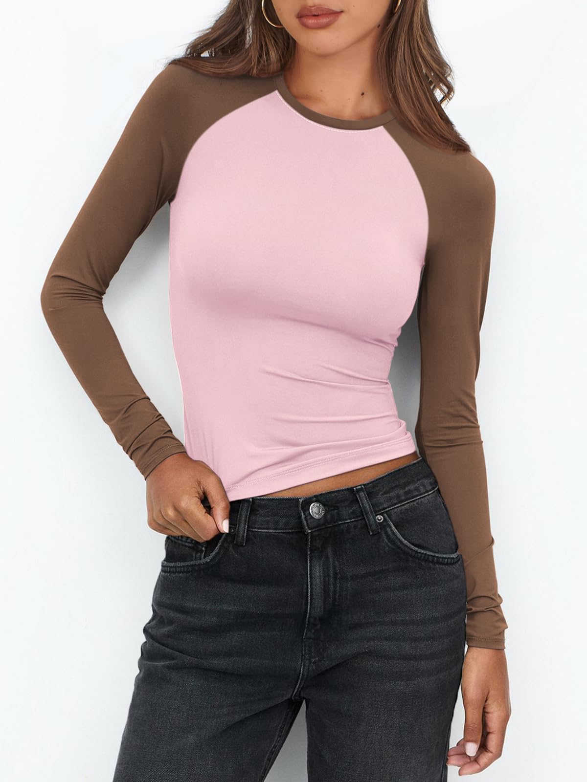 Women's Long Sleeve Shirts Slim Fit Stretchy Color Block Slightly Cropped Tops