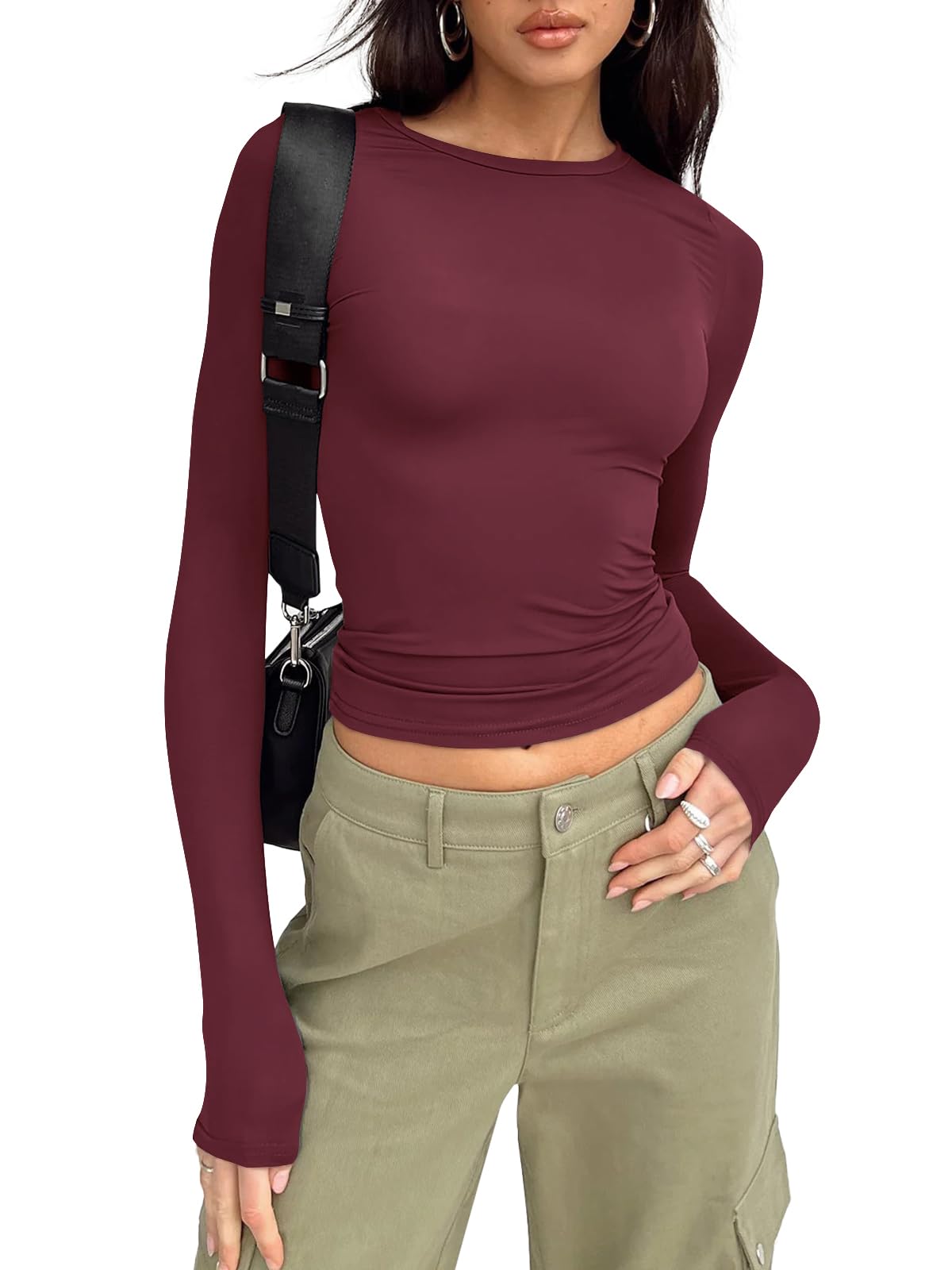 Trendy Queen Womens Long Sleeve Shirts Basic Crop Tops Tight Slim Fit Cute Teen Girls Fall Winter Y2k Clothes