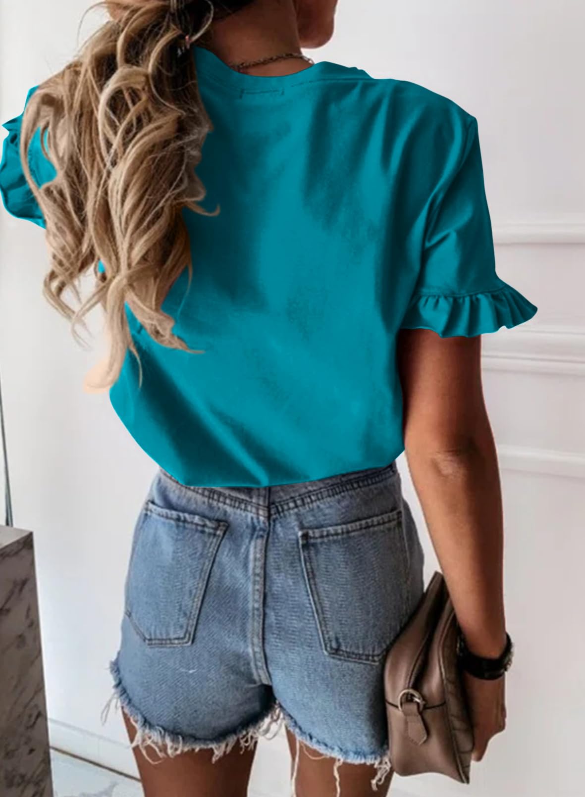 Women's Short Sleeve Casual T Shirts Summer Ruffle Plain Round Neck Loose Fit Tee Blouse Tops