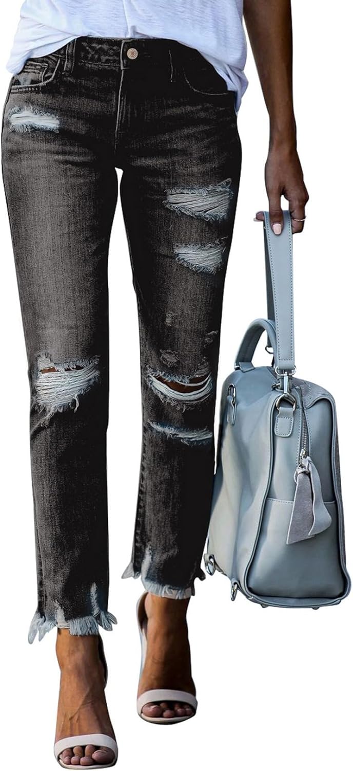 Women's Ripped Jeans Straight Leg Distressed Boyfriend Denim Pants