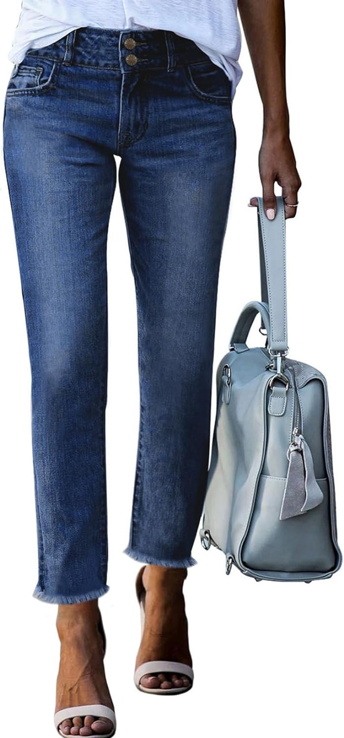 Women's High Waisted Jeans Strechy Raw Hem Straight Leg Denim Pants with Pockets