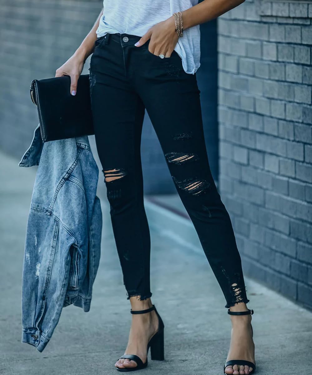 Women's Ripped Skinny Jeans Distressed Stretchy Denim Pants