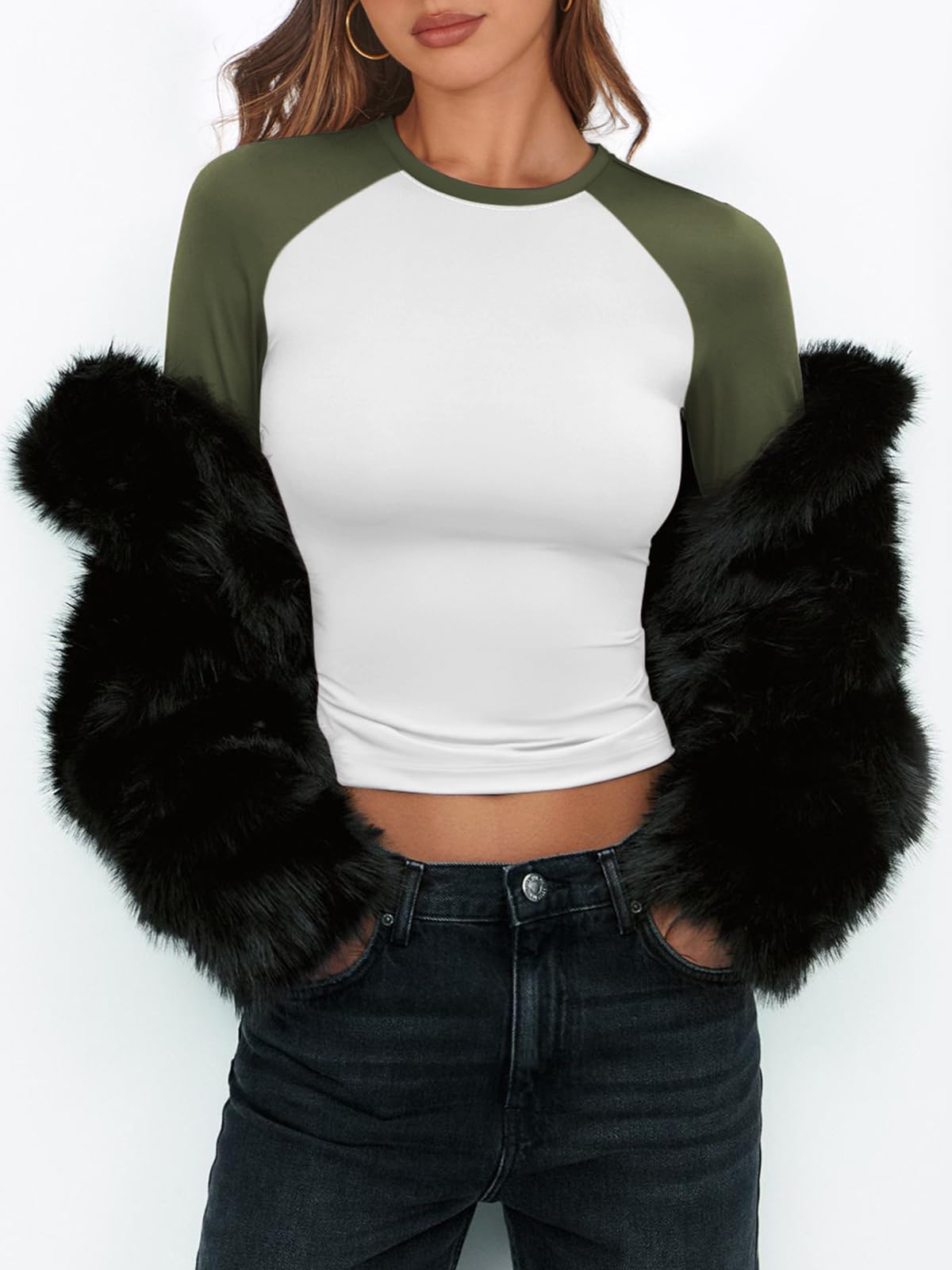 Women's Long Sleeve Shirts Slim Fit Stretchy Color Block Slightly Cropped Tops
