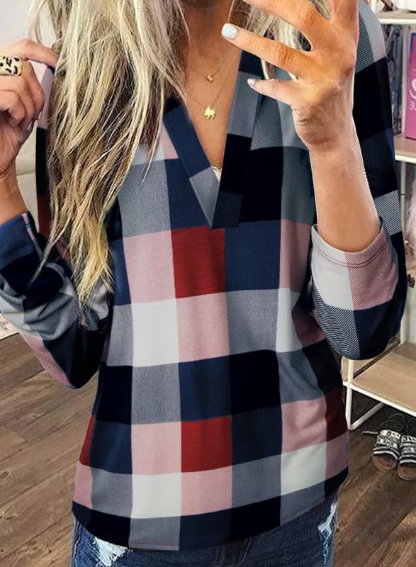 Womens Basic Casual V Neck Plaid Print Cotton Cuffed Long Sleeve Work Tops Blouses Shirts S-3XL