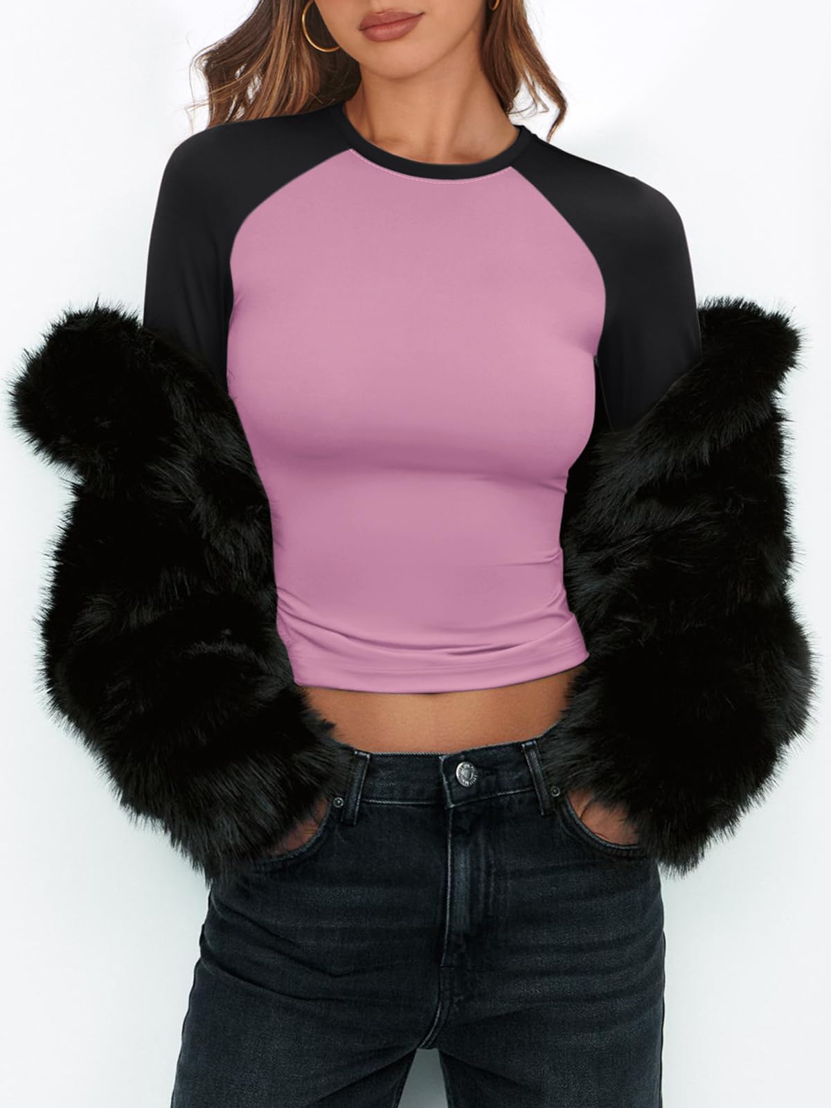 Women's Long Sleeve Shirts Slim Fit Stretchy Color Block Slightly Cropped Tops