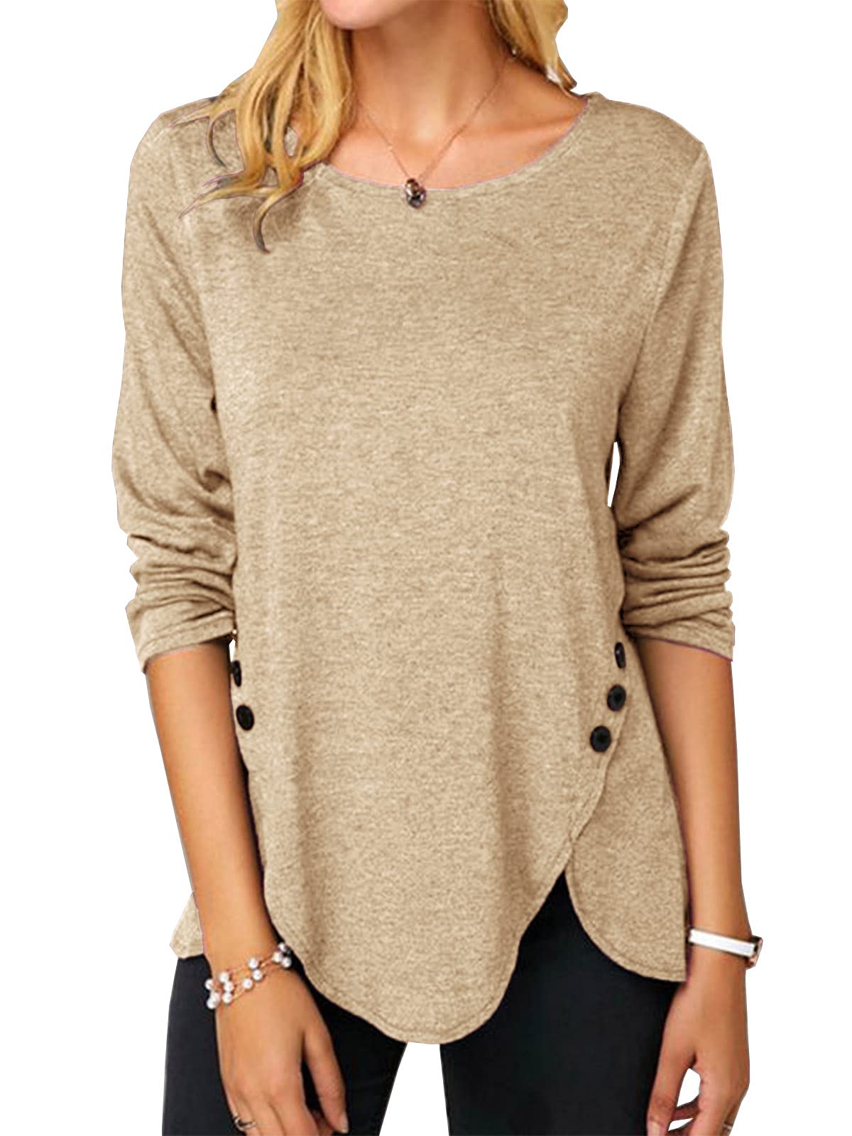 Womens Casual Long Sleeve Tunic Shirts Round Neck Button Side Blouses Tops