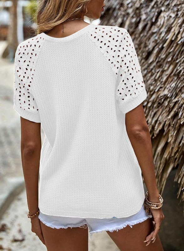 Women's Waffle Knit Tops Casual Crew Neck Hollow Out Raglan Short Sleeve Summer T-Shirts Blouses