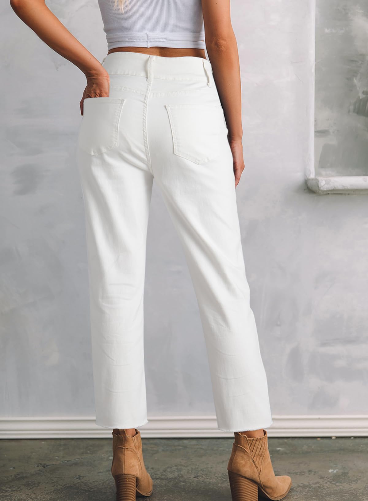 Women's High Waisted Jeans Strechy Raw Hem Straight Leg Denim Pants with Pockets