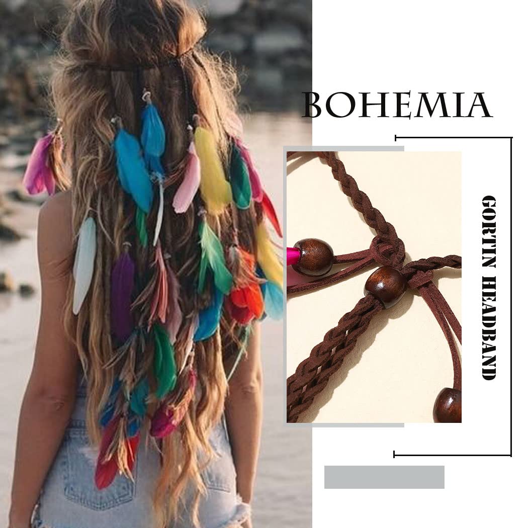 GORTIN Boho Feather Headband Gypsy Headpiece Headdress Bohemian Hippie Headbands Indian Festival Hair Band Adjust Long Feather Hair Accessories for Women and Girls (Black+Green)