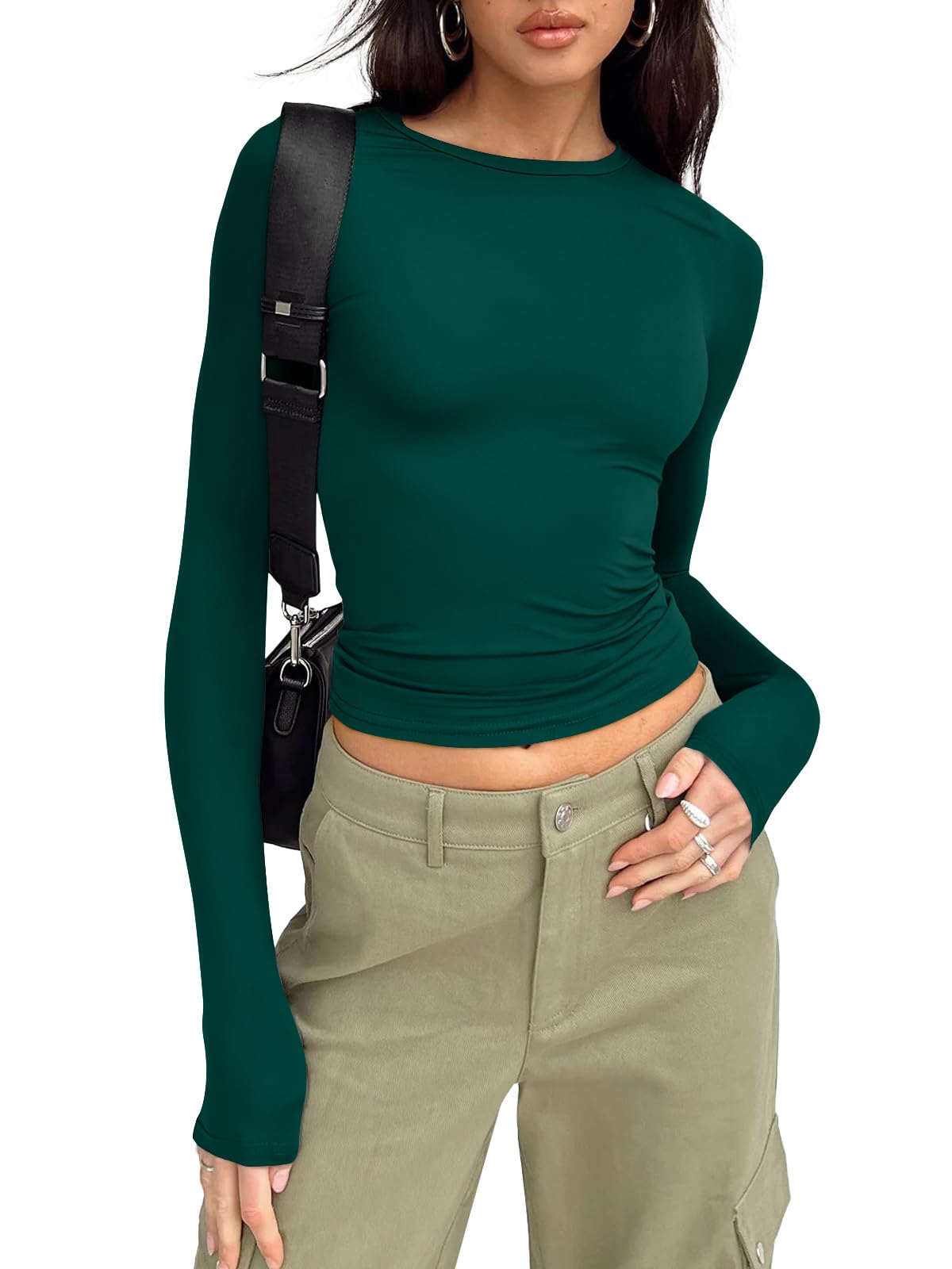 Trendy Queen Womens Long Sleeve Shirts Basic Crop Tops Tight Slim Fit Cute Teen Girls Fall Winter Y2k Clothes