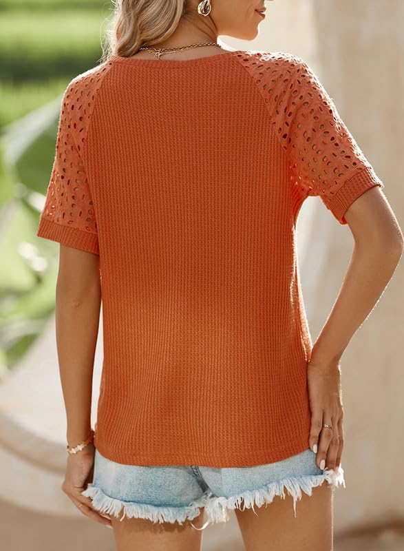 Women's Waffle Knit Tops Casual Crew Neck Hollow Out Raglan Short Sleeve Summer T-Shirts Blouses