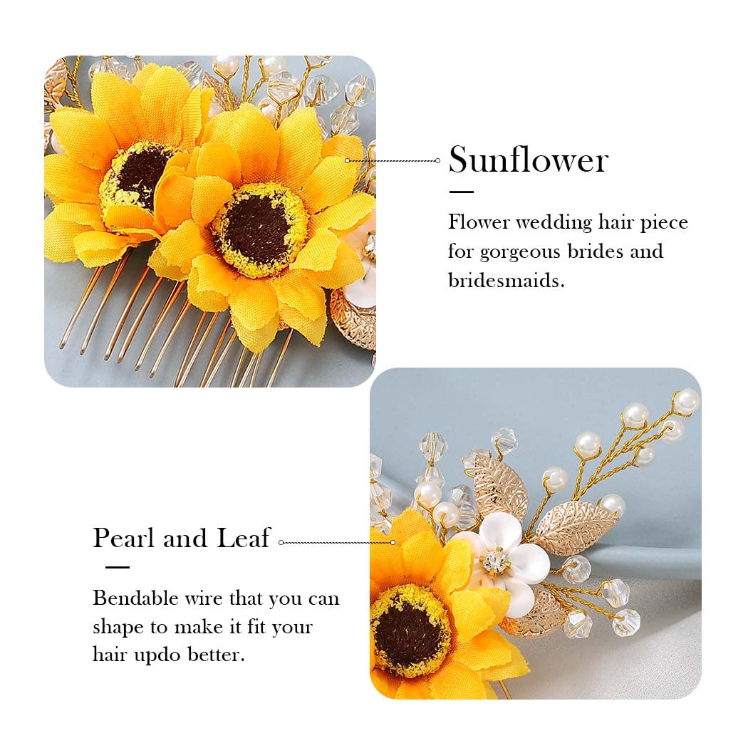 Jeairts Sunflower Bride Wedding Hair Comb Crystal Pearl Bridal Hair Pieces Leaf Side Combs Hair Dress Decorative Hair Accessories for Women and Girls (1-Silver)