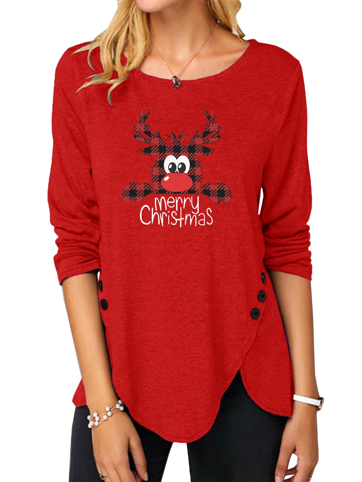 Womens Casual Long Sleeve Tunic Shirts Round Neck Button Side Blouses Tops