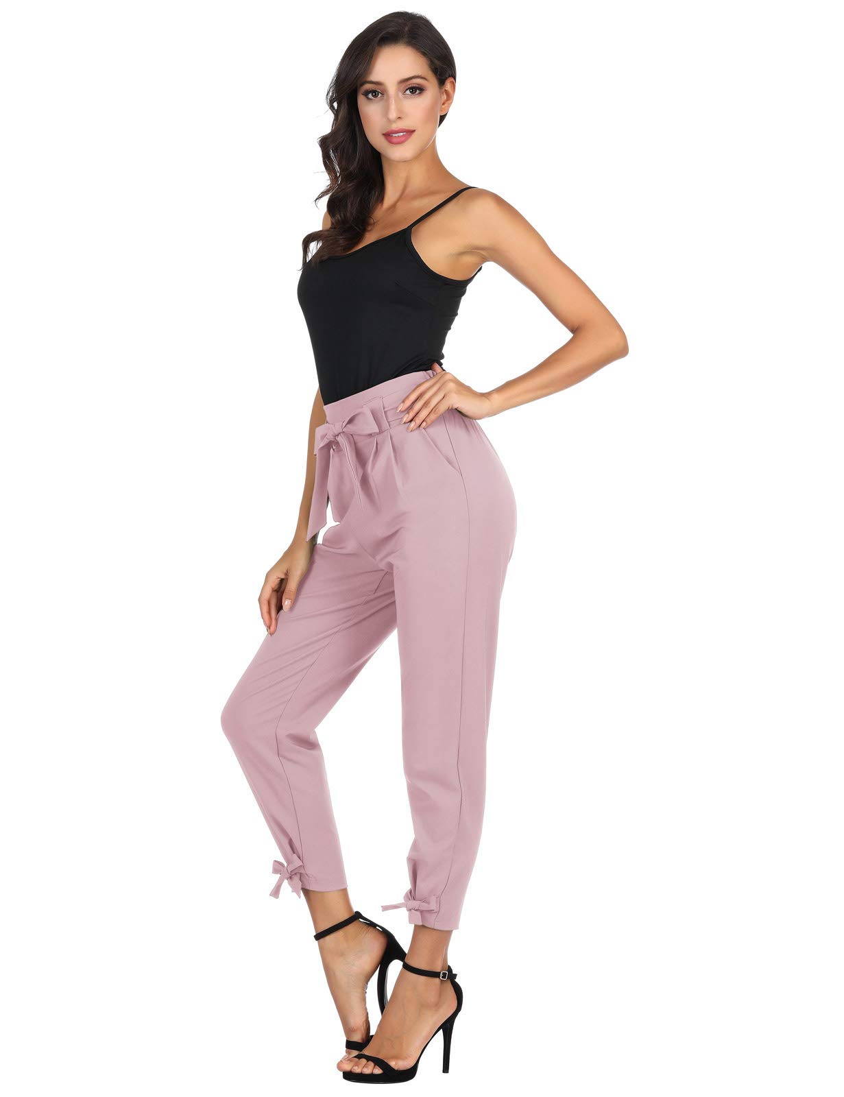 Women’s Casual High Waist Pencil Pants with Pockets Bow-Knot Cropped Paper Bag Pants