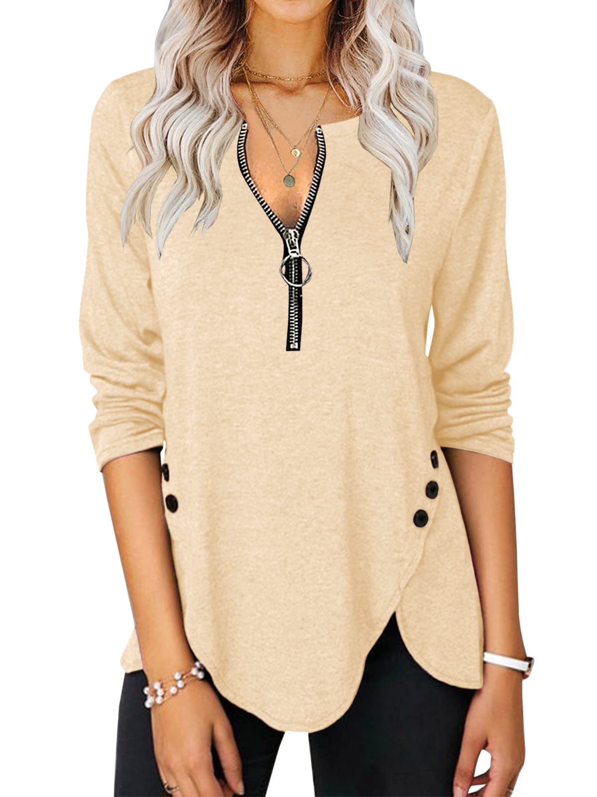 Womens Casual Long Sleeve Tunic Shirts Round Neck Button Side Blouses Tops