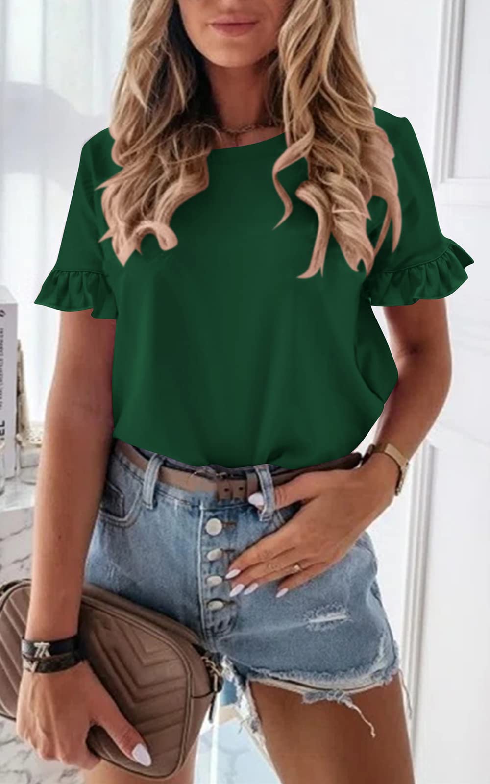 Women's Short Sleeve Casual T Shirts Summer Ruffle Plain Round Neck Loose Fit Tee Blouse Tops