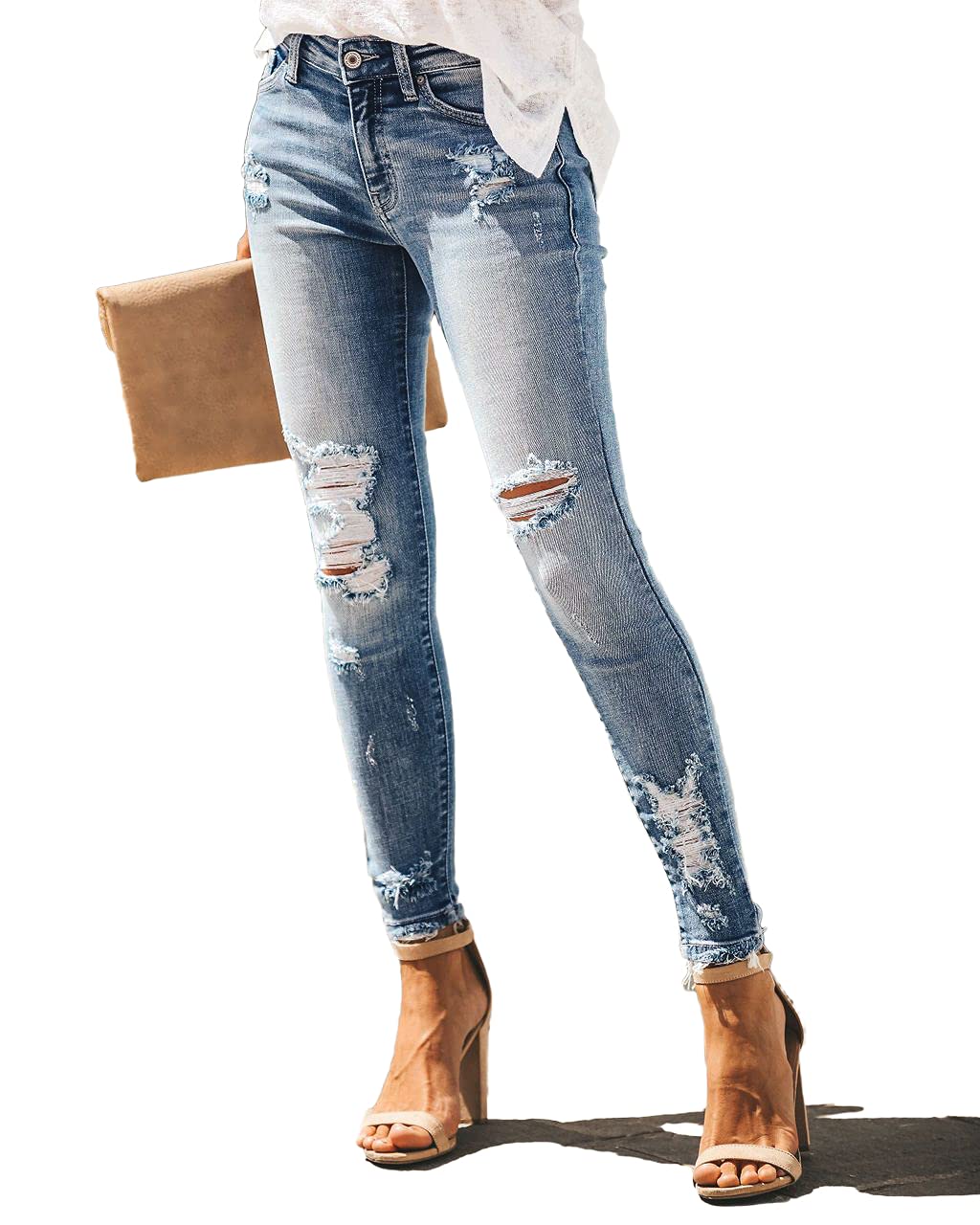 Women's High Rise Skinny Stretch Ripped Jeans High Waisted Destroyed Denim Pants