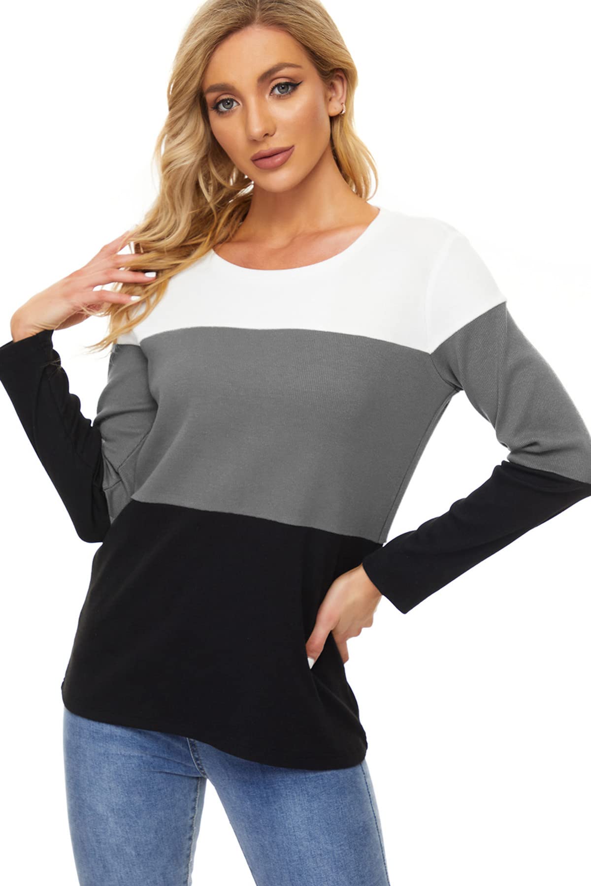 Womens Color Block Loose Long/Short Sleeve T Shirts Casual Comfy Tops