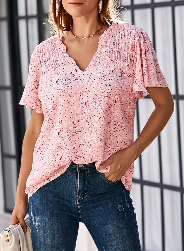 Women's Casual V Neck Floral Print Smocked Short Sleeve Chiffon Blouses Bohemian Top Shirts