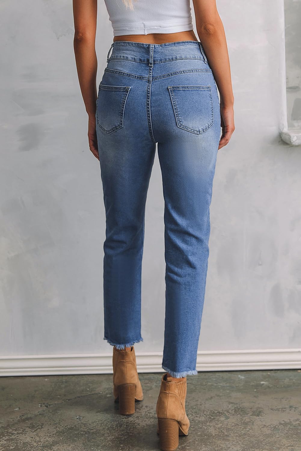Women's High Waisted Jeans Strechy Raw Hem Straight Leg Denim Pants with Pockets