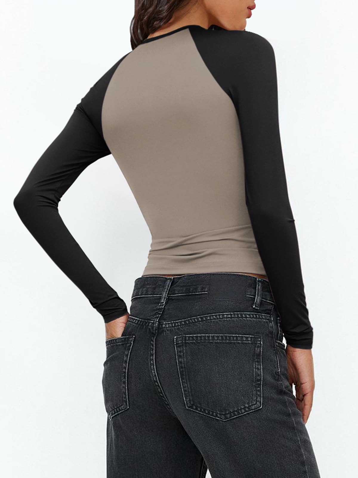 Women's Long Sleeve Shirts Slim Fit Stretchy Color Block Slightly Cropped Tops