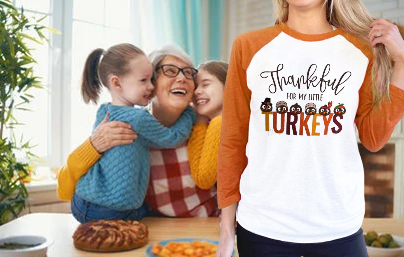 Thankful for My Little Turkeys Shirt Women Thanksgiving Tshirt Cute Graphic Raglan 3/4 Sleeve Baseball Tee Tops
