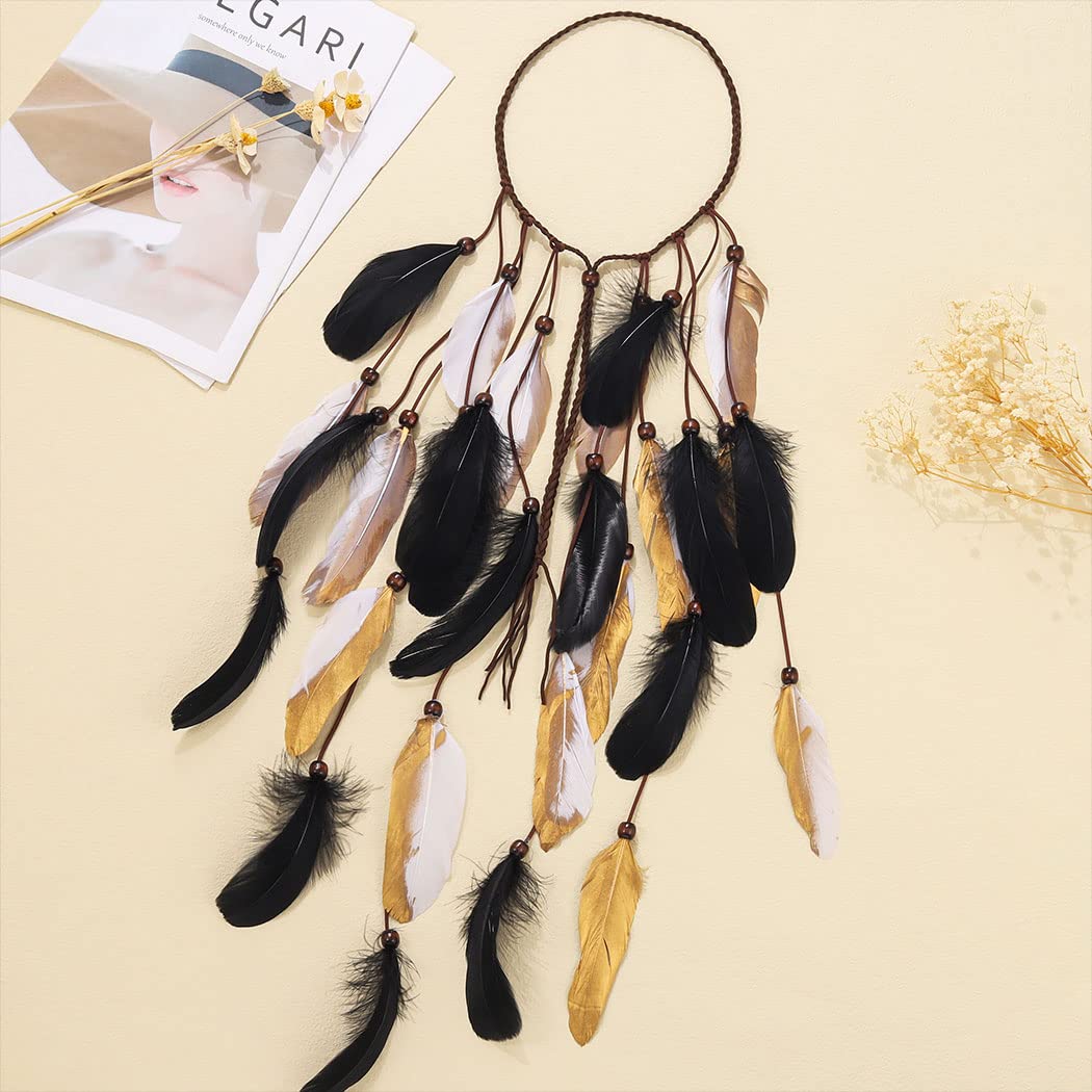 GORTIN Boho Feather Headband Gypsy Headpiece Headdress Bohemian Hippie Headbands Indian Festival Hair Band Adjust Long Feather Hair Accessories for Women and Girls (Black+Green)