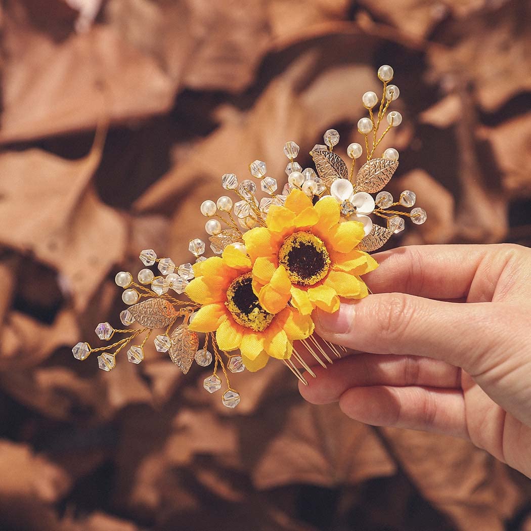 Jeairts Sunflower Bride Wedding Hair Comb Crystal Pearl Bridal Hair Pieces Leaf Side Combs Hair Dress Decorative Hair Accessories for Women and Girls (1-Silver)