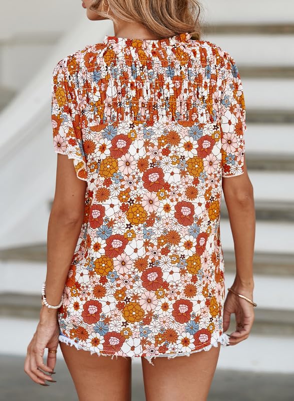 Women's Casual V Neck Floral Print Smocked Short Sleeve Chiffon Blouses Bohemian Top Shirts