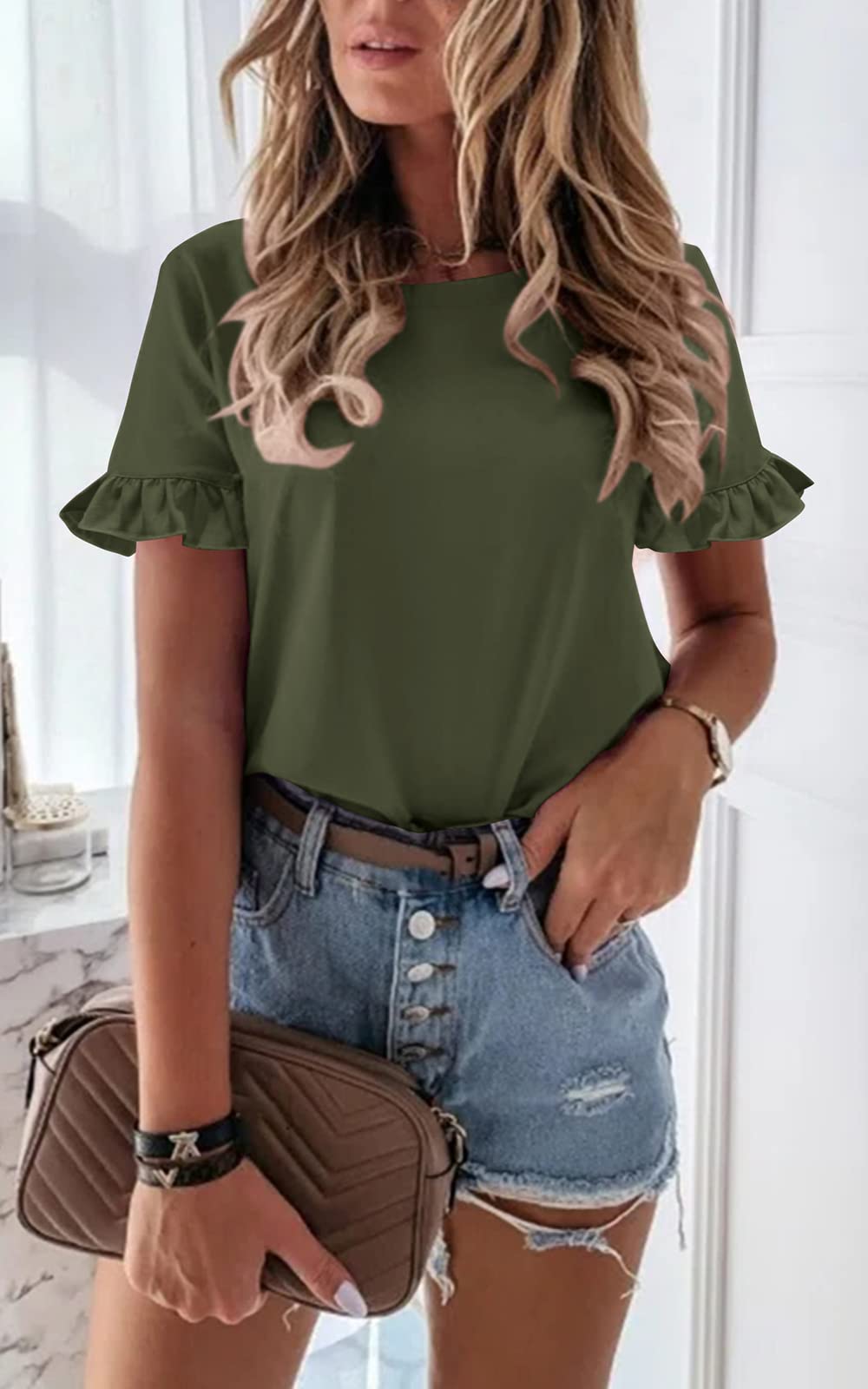 Women's Short Sleeve Casual T Shirts Summer Ruffle Plain Round Neck Loose Fit Tee Blouse Tops