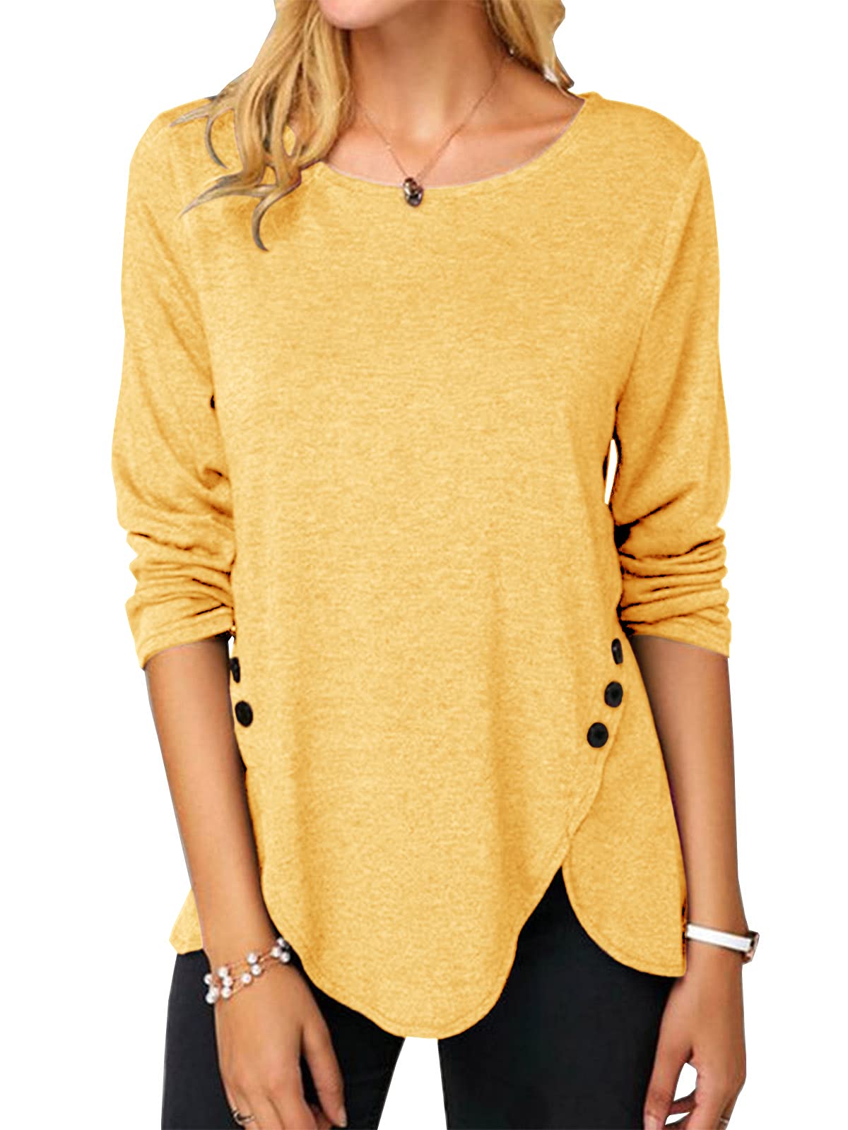 Womens Casual Long Sleeve Tunic Shirts Round Neck Button Side Blouses Tops