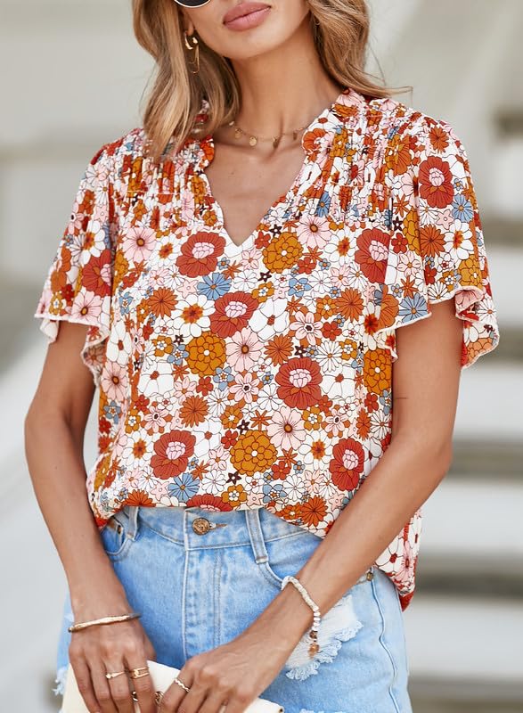 Women's Casual V Neck Floral Print Smocked Short Sleeve Chiffon Blouses Bohemian Top Shirts