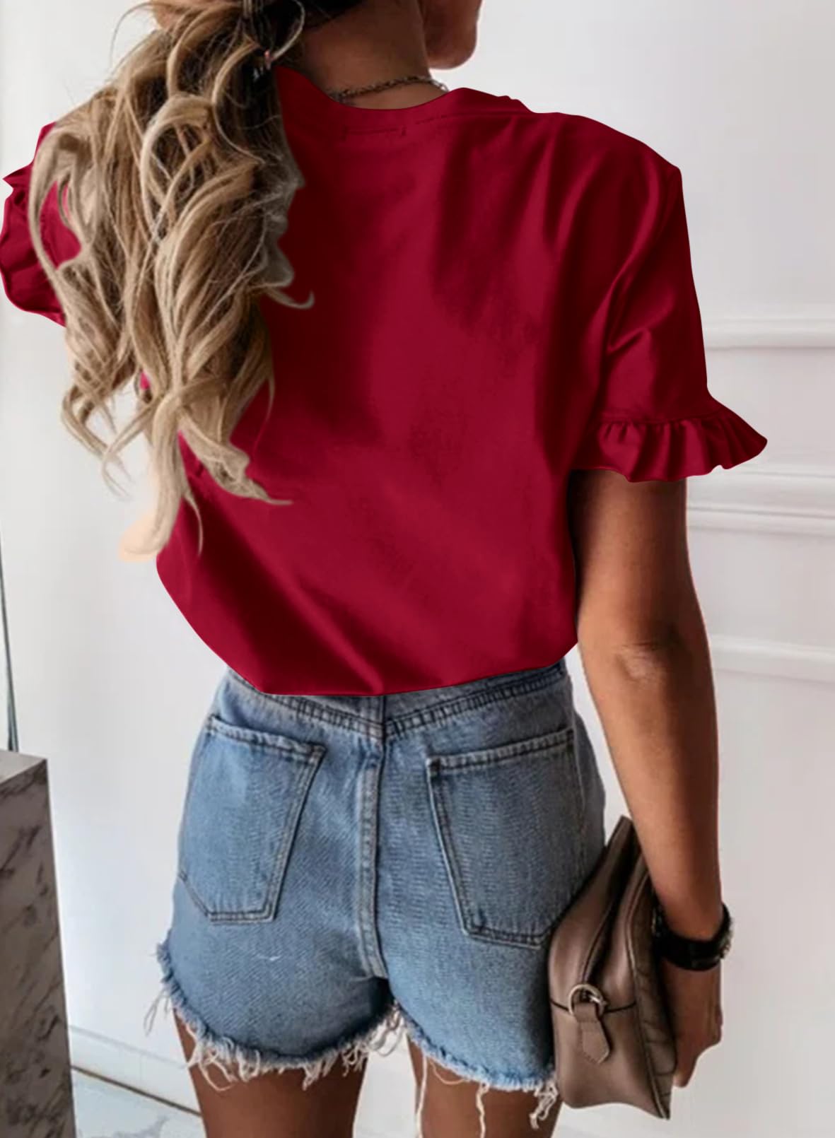 Women's Short Sleeve Casual T Shirts Summer Ruffle Plain Round Neck Loose Fit Tee Blouse Tops