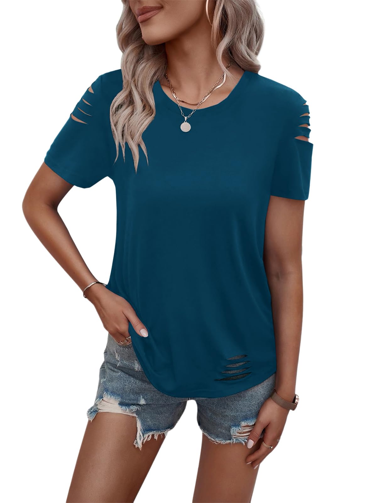 Women's Short Sleeve T Shirts Crew Neck Ripped Cut Out Summer Casual Basic Tees Tops