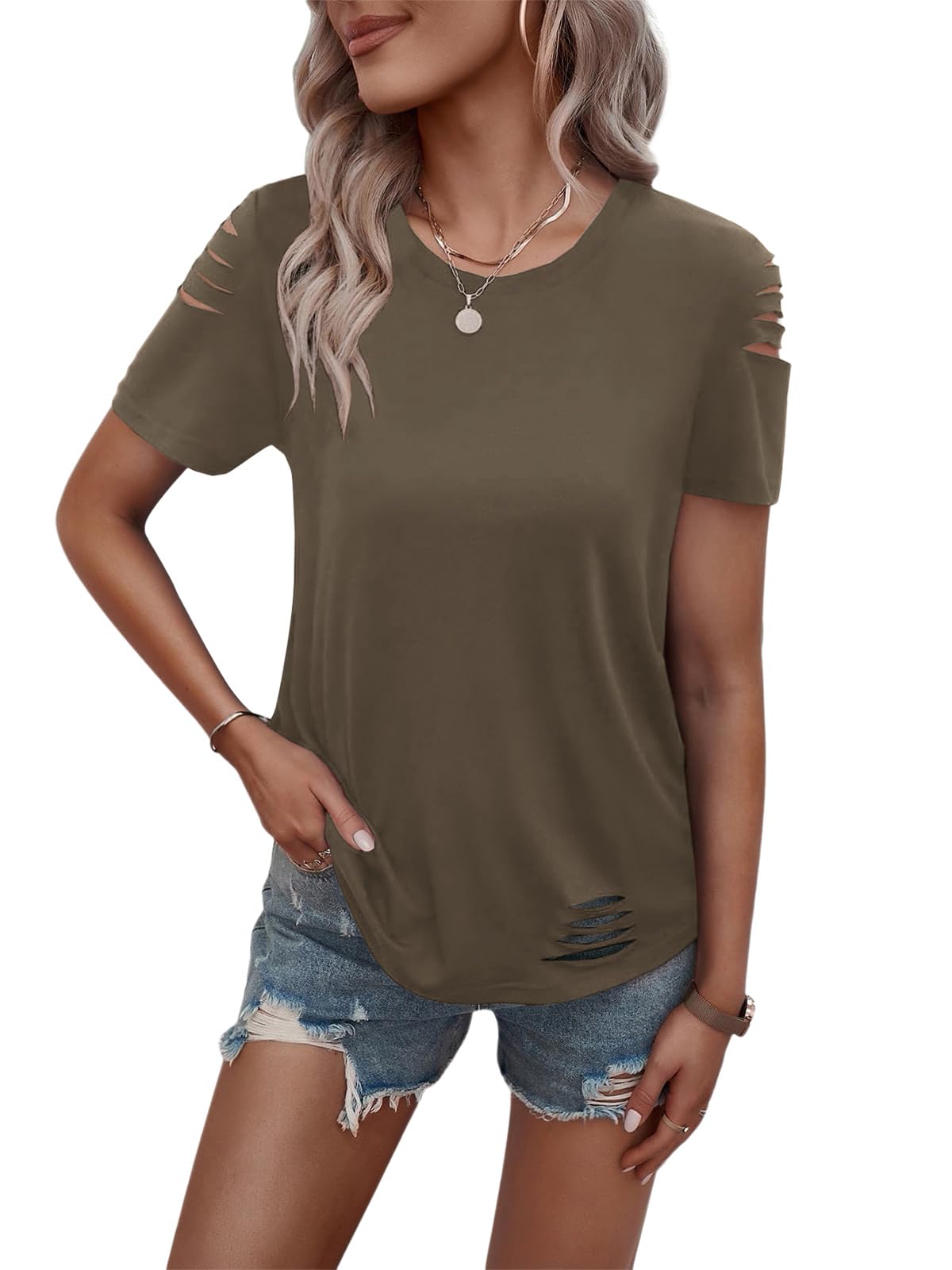 Women's Short Sleeve T Shirts Crew Neck Ripped Cut Out Summer Casual Basic Tees Tops