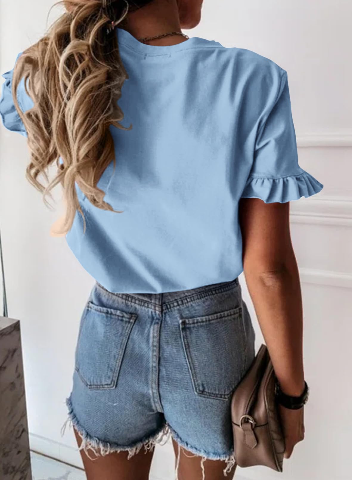 Women's Short Sleeve Casual T Shirts Summer Ruffle Plain Round Neck Loose Fit Tee Blouse Tops