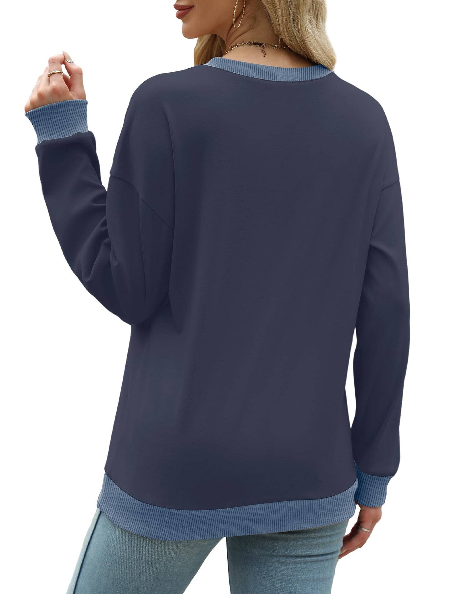 Sweatshirts for Women Crewneck Long Sleeve Loose Fit Tops Color Block Ribbed Trim Fashion