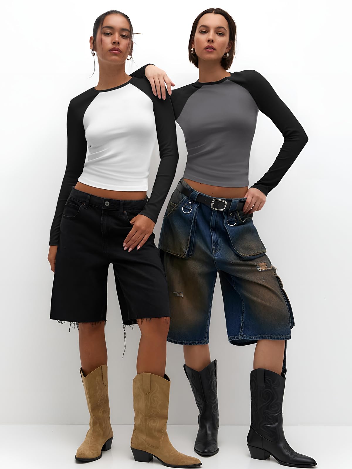 Women's Long Sleeve Shirts Slim Fit Stretchy Color Block Slightly Cropped Tops