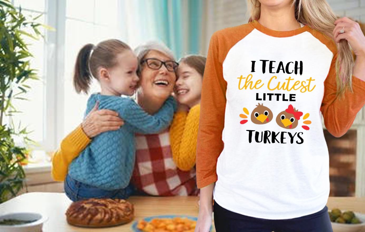 Thankful for My Little Turkeys Shirt Women Thanksgiving Tshirt Cute Graphic Raglan 3/4 Sleeve Baseball Tee Tops