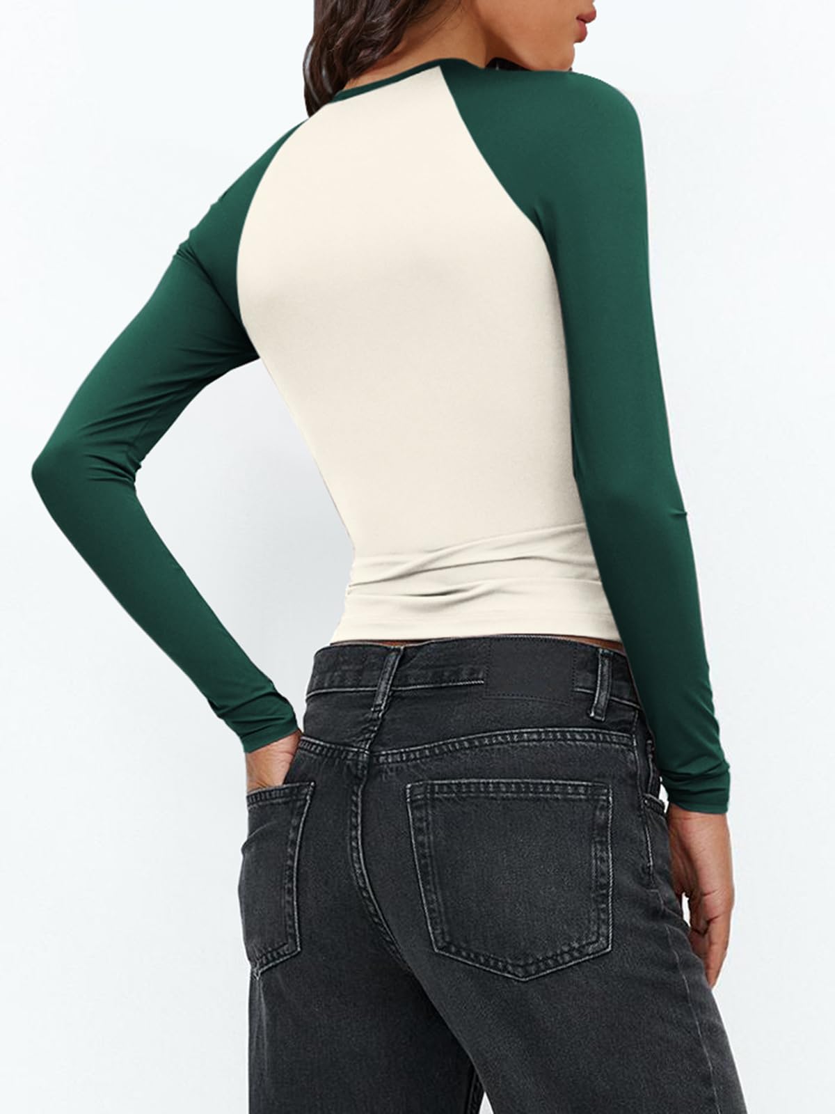 Women's Long Sleeve Shirts Slim Fit Stretchy Color Block Slightly Cropped Tops