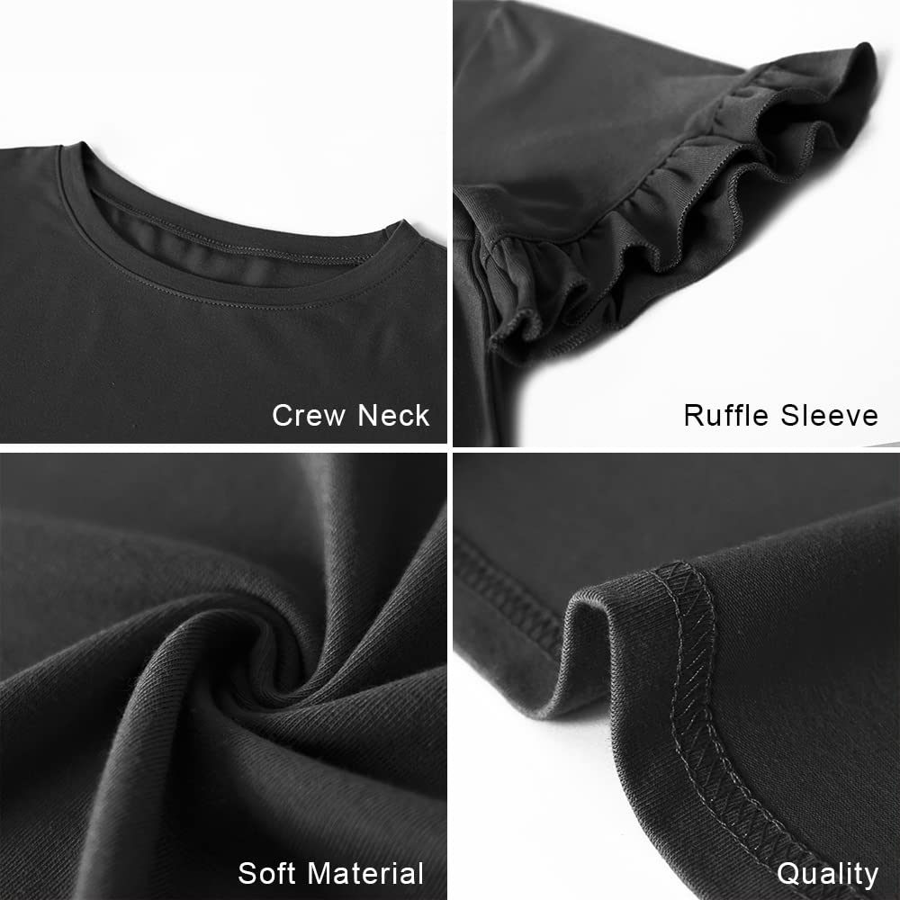 Women's Short Sleeve Casual T Shirts Summer Ruffle Plain Round Neck Loose Fit Tee Blouse Tops