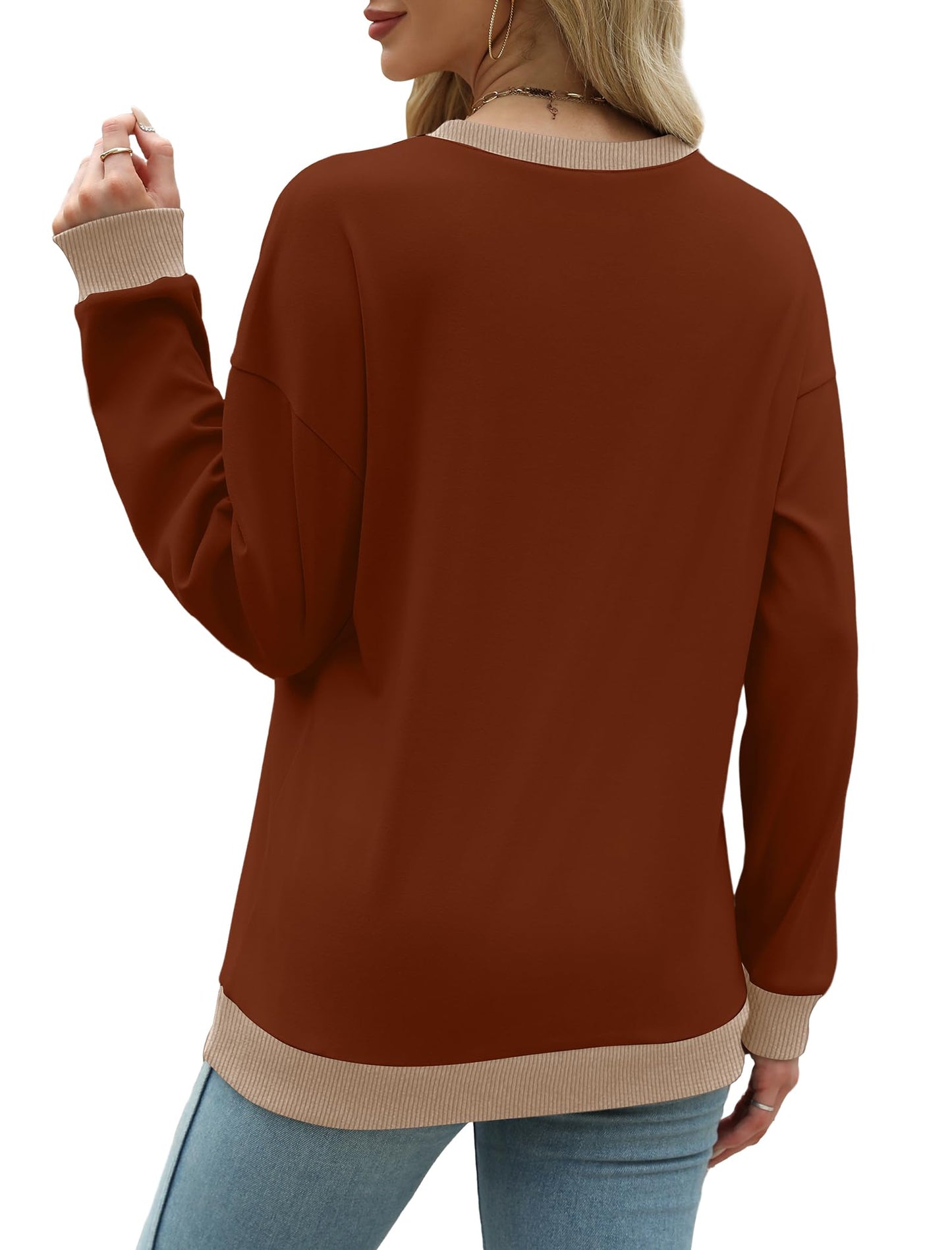 Sweatshirts for Women Crewneck Long Sleeve Loose Fit Tops Color Block Ribbed Trim Fashion