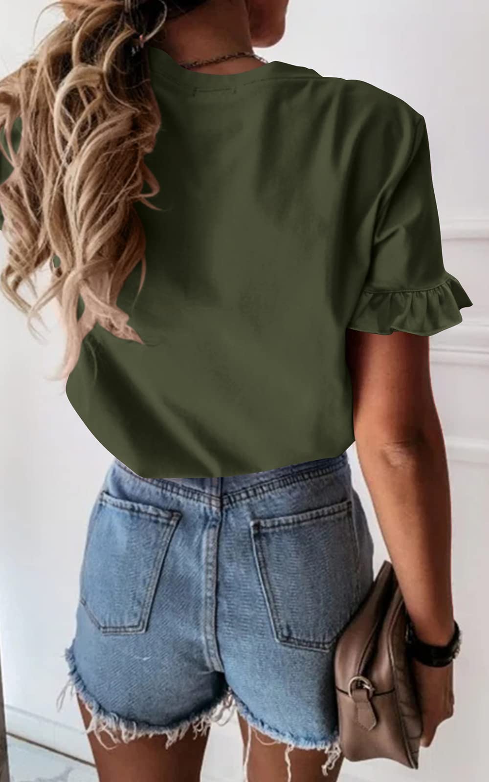Women's Short Sleeve Casual T Shirts Summer Ruffle Plain Round Neck Loose Fit Tee Blouse Tops
