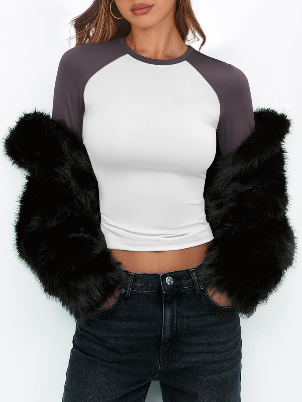 Women's Long Sleeve Shirts Slim Fit Stretchy Color Block Slightly Cropped Tops