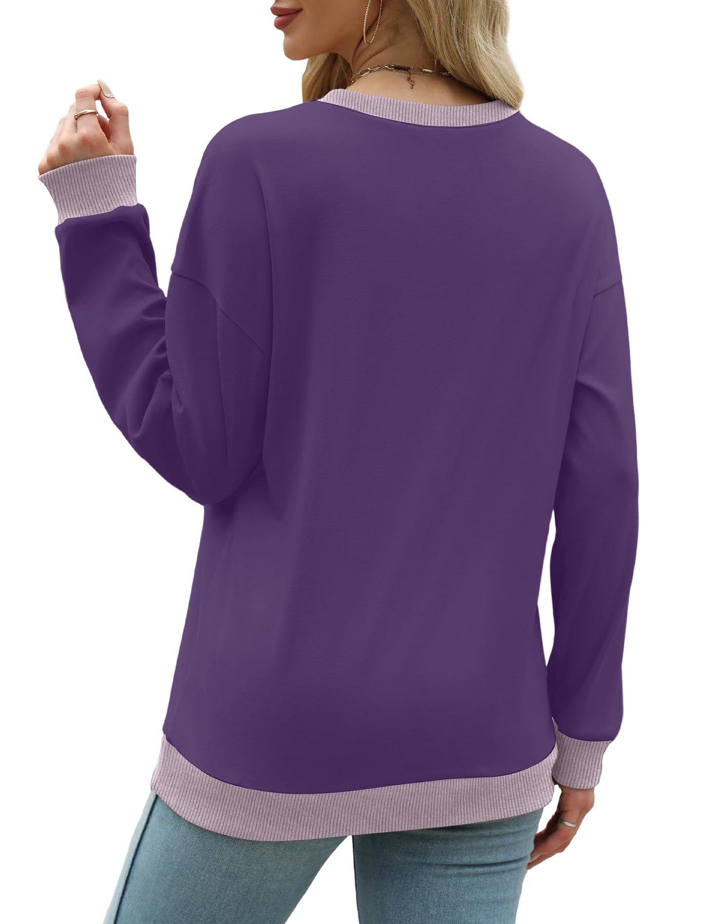 Sweatshirts for Women Crewneck Long Sleeve Loose Fit Tops Color Block Ribbed Trim Fashion