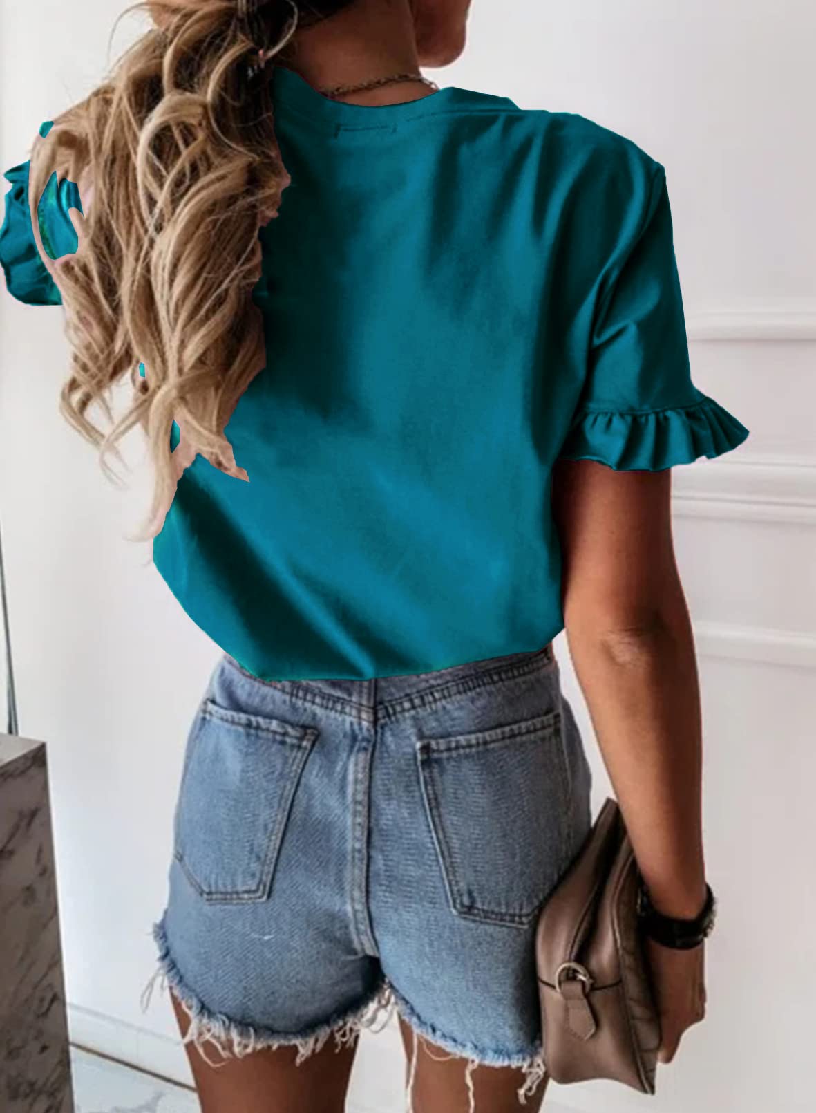 Women's Short Sleeve Casual T Shirts Summer Ruffle Plain Round Neck Loose Fit Tee Blouse Tops